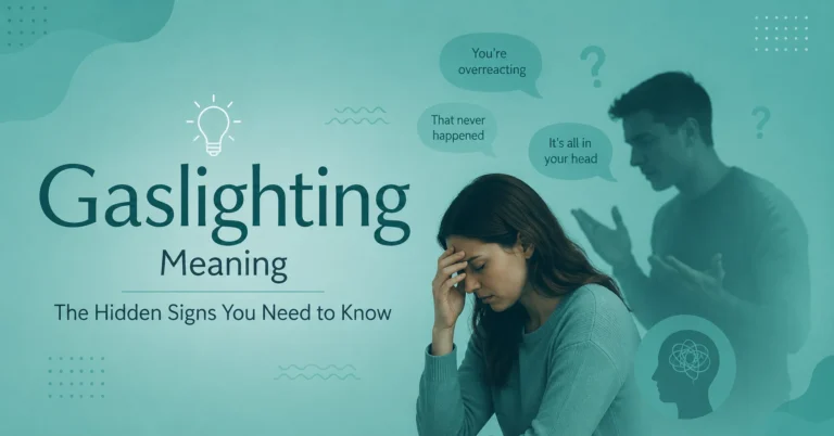 Gaslighting meaning infographic showing hidden signs of manipulation and emotional confusion.