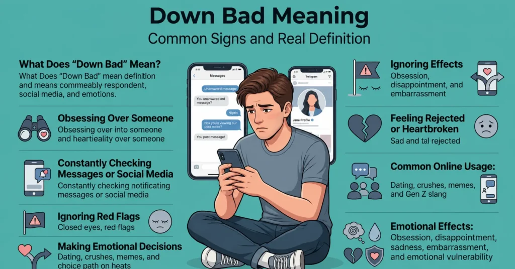 Educational infographic explaining the down bad meaning with common signs, behaviors, and emotional effects in modern slang.