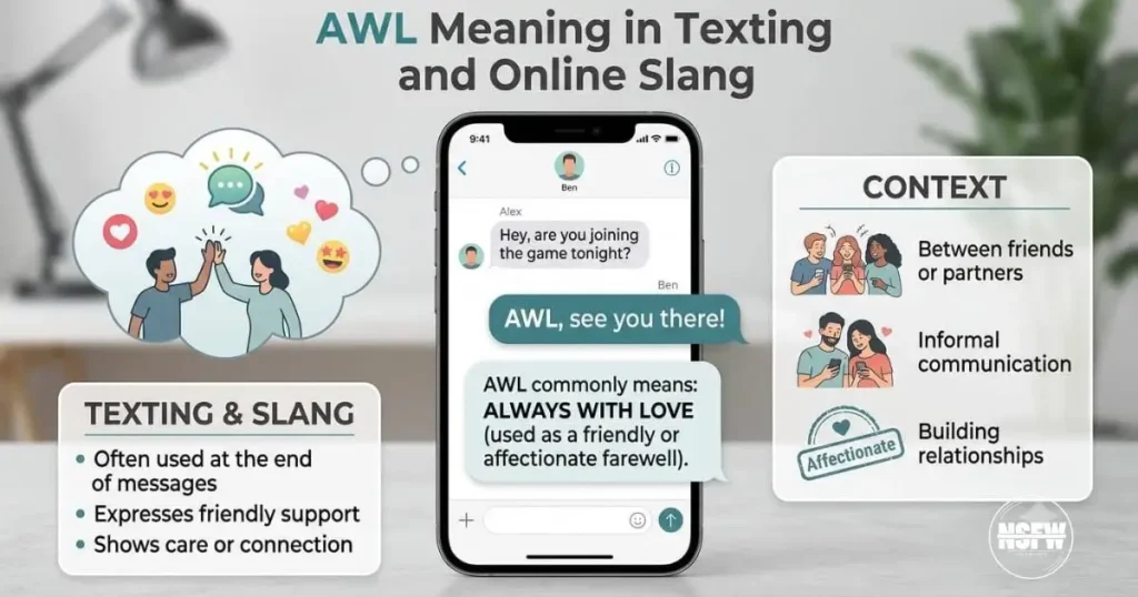 Informative infographic explaining AWL meaning and how the abbreviation may be used in texting and online conversations.