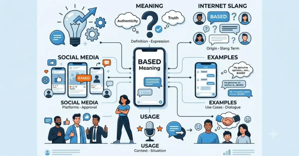  An educational infographic explaining the meaning and usage of based in social media and internet slang
