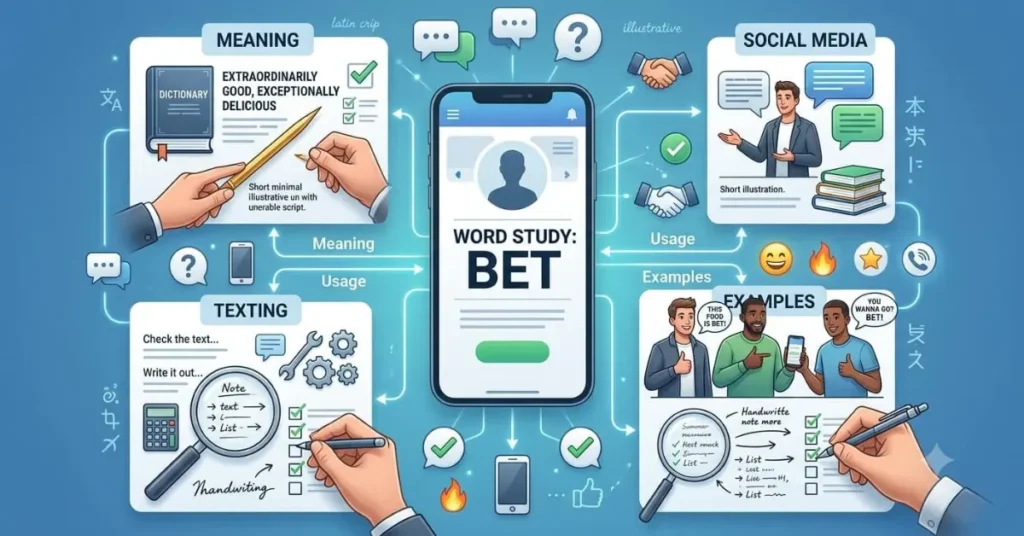  An educational infographic explaining the meaning and common uses of bet in texting and social media
