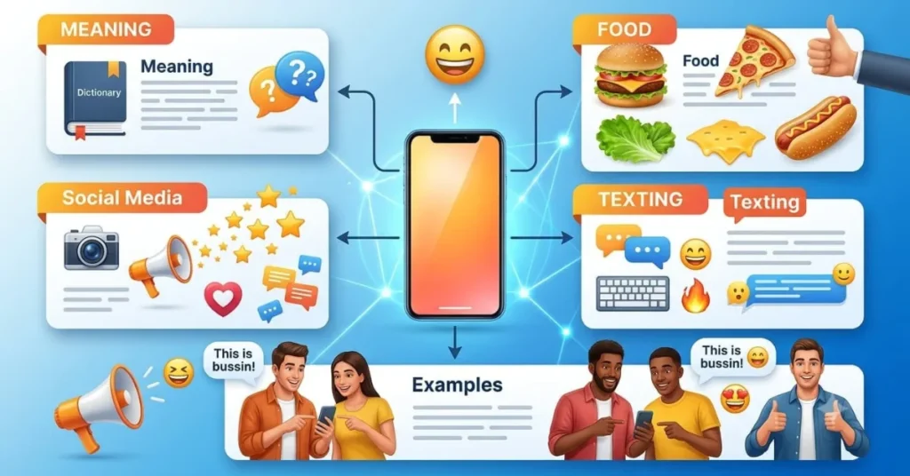 An educational infographic explaining the meaning and common uses of bussin in texting and social media