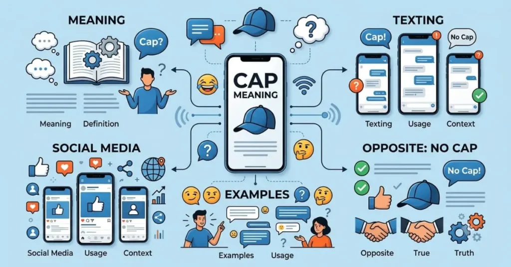  An educational infographic explaining the meaning and everyday usage of cap in texting and social media 