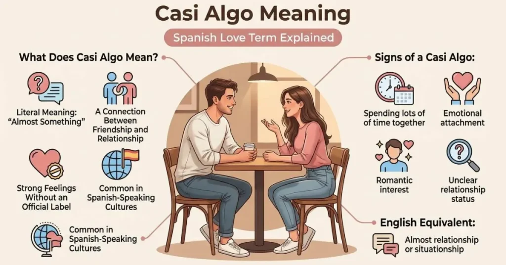 Educational infographic explaining the casi algo meaning in English with its Spanish relationship meaning and emotional context.