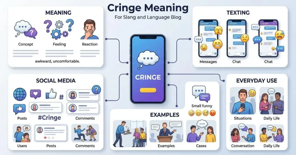 An educational infographic explaining the meaning and usage of cringe in texting and social media

