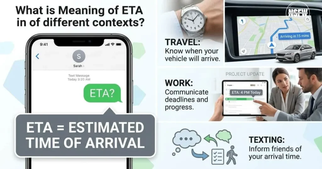 Informative infographic explaining ETA meaning as estimated time of arrival in texting, work, travel, and everyday communication.