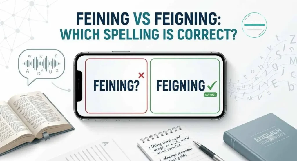 Informative infographic explaining whether feining or feigning is the correct spelling and what the word means