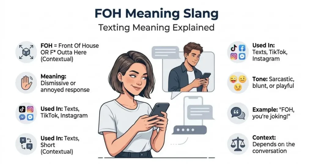 Educational infographic explaining the FOH meaning slang with common texting uses and simple conversation examples.
