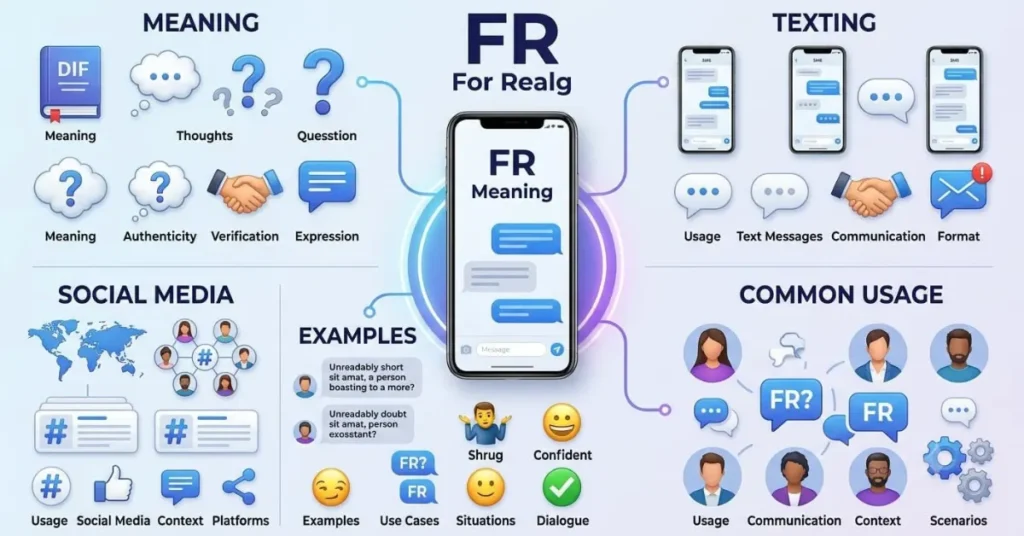  An educational infographic explaining the meaning and common uses of FR in texting and social media
