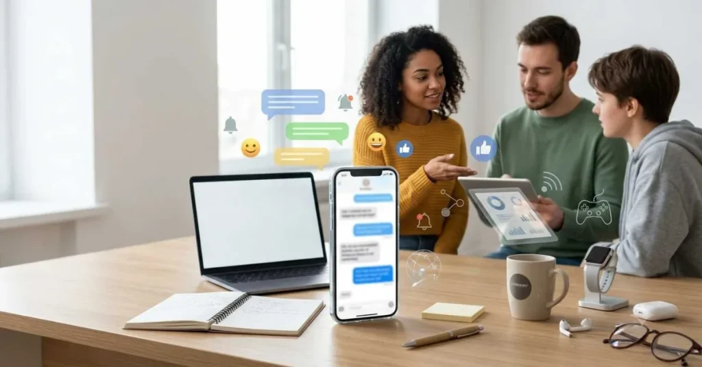 A smartphone showing a blurred text conversation while friends discuss the different meanings of FS in text messages and social media.