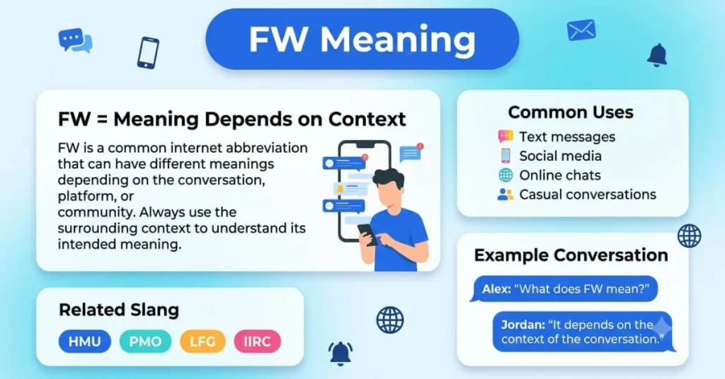 An educational infographic explaining the FW meaning with its definition, common uses, example conversation, and related internet slang.
