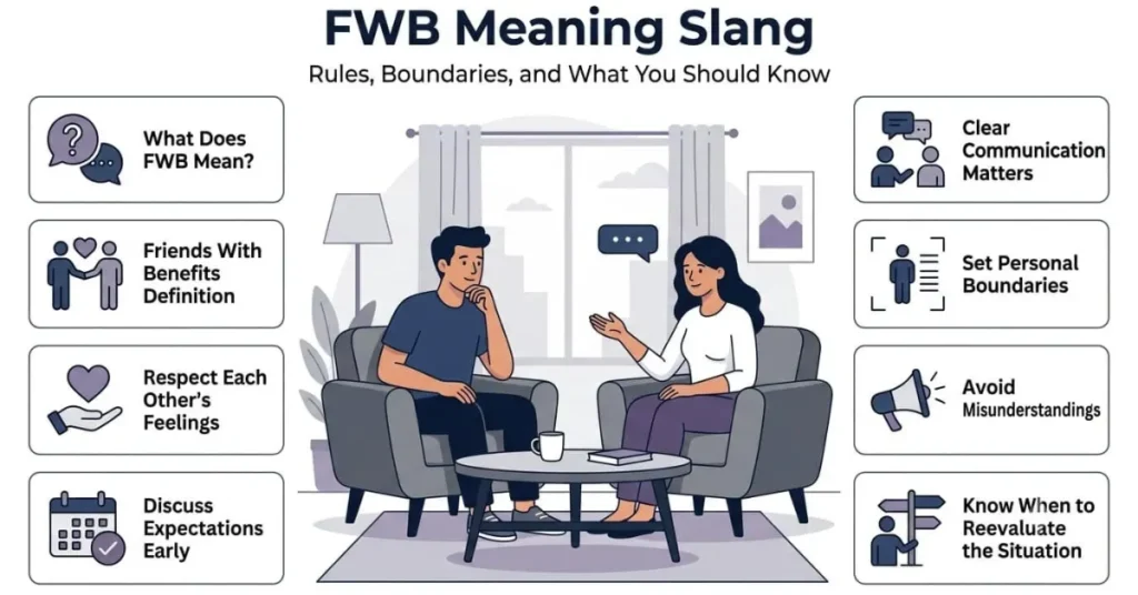 Educational infographic explaining the fwb meaning slang with common rules, boundaries, and relationship expectations.
