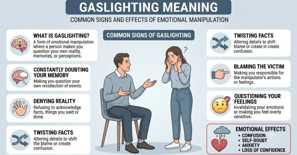 Educational infographic explaining the gaslighting meaning with common warning signs, emotional effects, and examples of manipulative behavior in conversations.