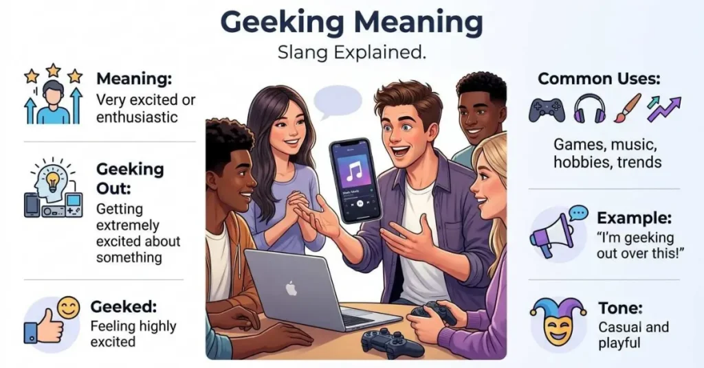Educational infographic explaining the geeking meaning in slang with simple examples of being excited, obsessed, or highly focused.