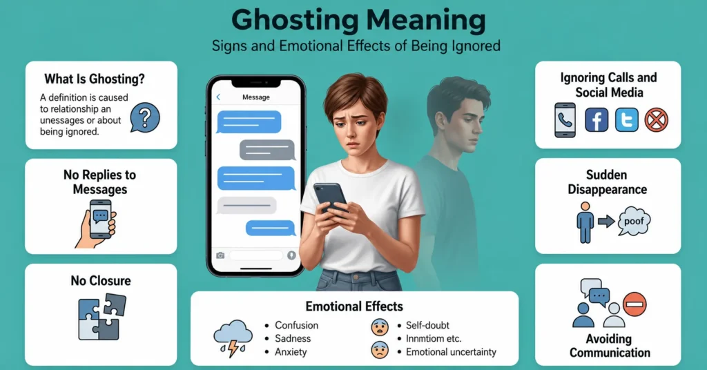  Educational infographic explaining the ghosting meaning with common signs, emotional effects, and reasons why someone suddenly stops communicating.