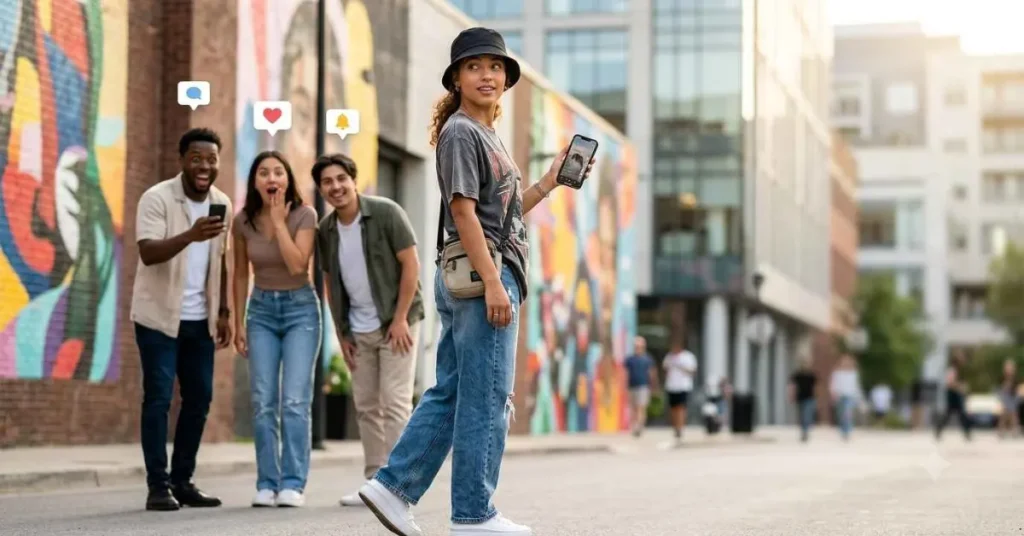 A teenager scrolling through social media while learning how the girl gyatt slang is used online.
