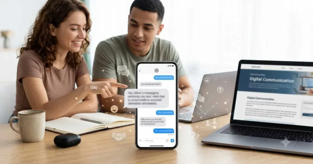 A smartphone showing a blurred chat conversation while two people discuss the meaning of HY in text messages.