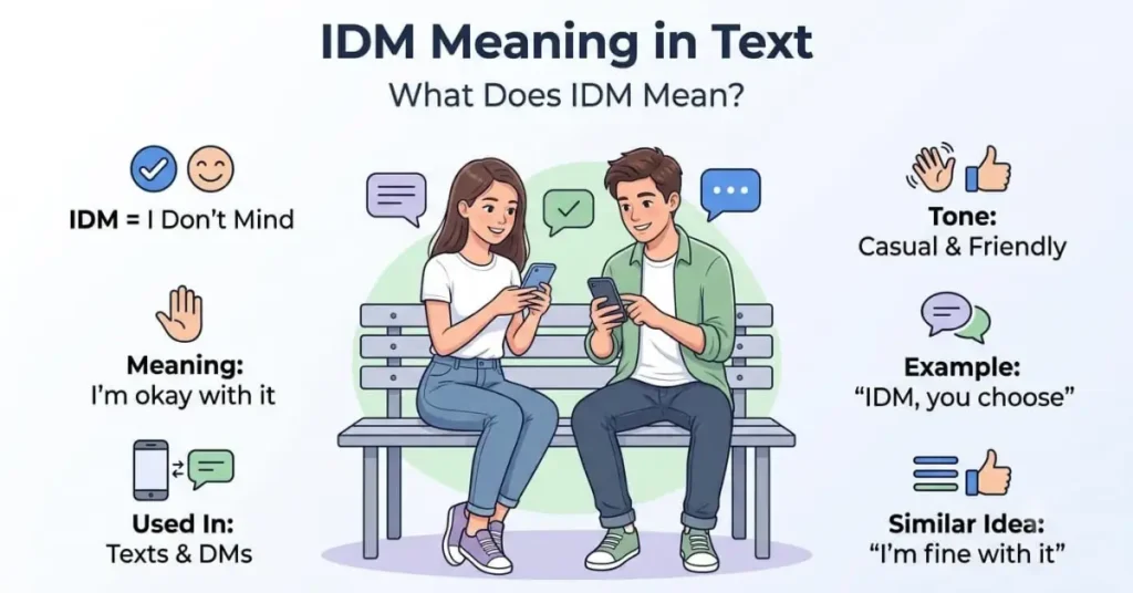 Educational infographic explaining IDM meaning in text with common texting uses and simple conversation examples. 