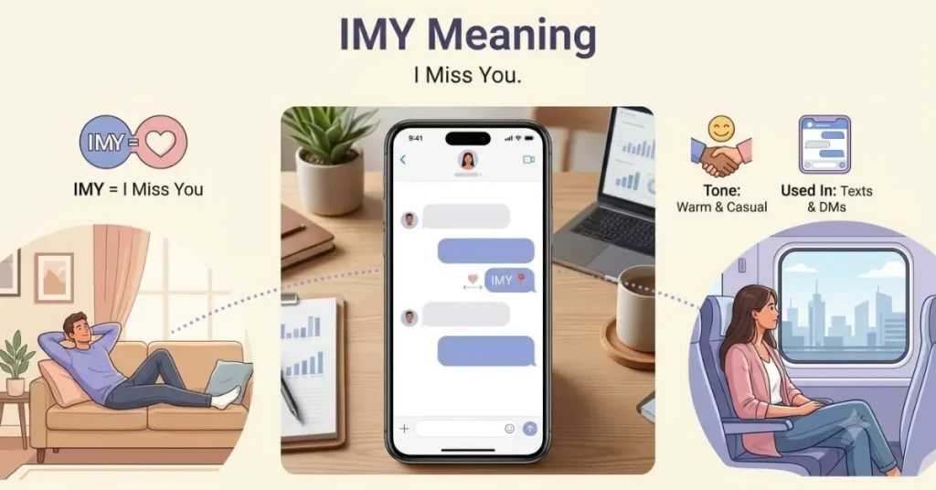 Infographic explaining IMY meaning in text with a realistic message example showing affection and missing someone.
