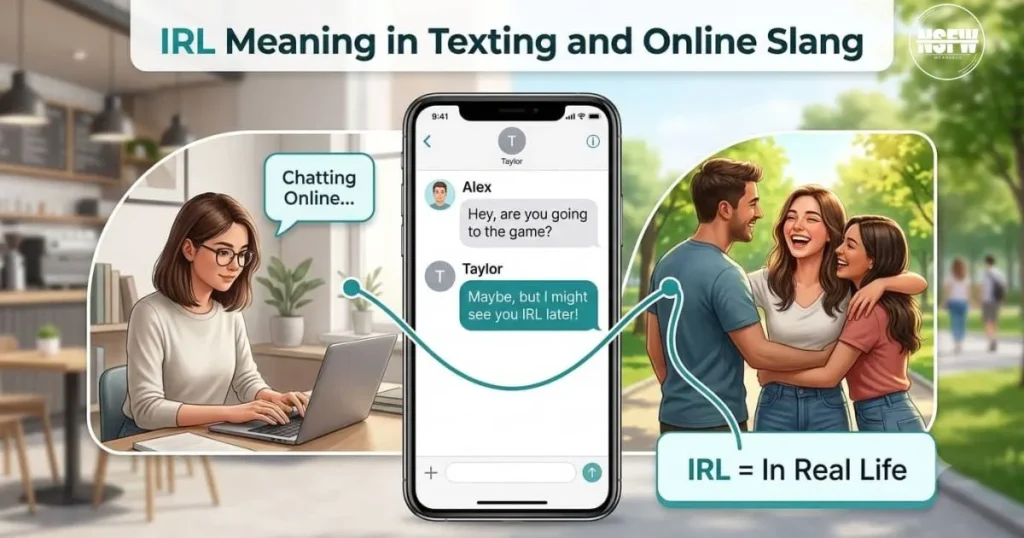 Informative infographic explaining IRL meaning as “in real life” and showing the difference between online communication and real-world interaction.
