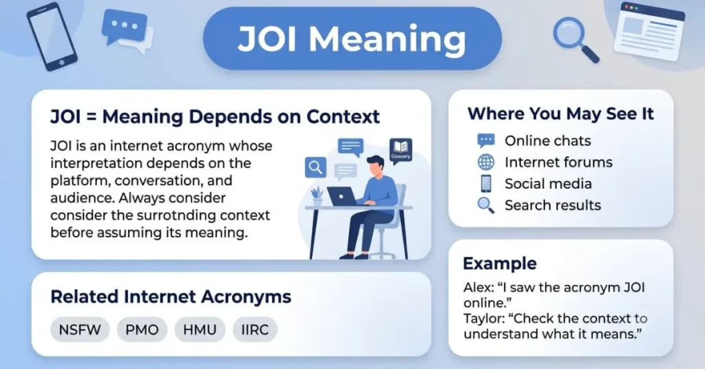 An educational infographic explaining the JOI meaning, emphasizing the importance of context when interpreting internet acronyms.