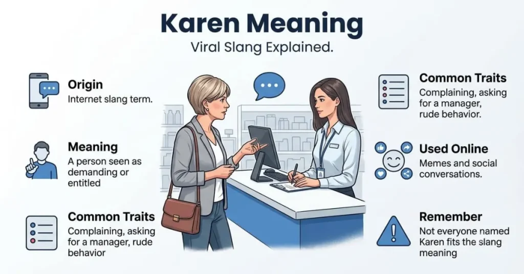 Educational infographic explaining the karen meaning with its slang definition, common traits, and modern internet usage.