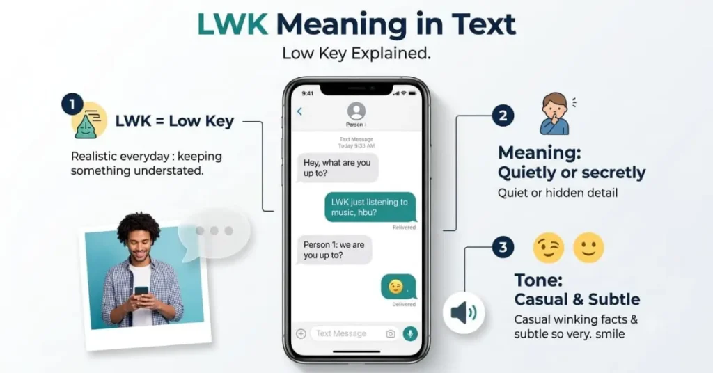Educational infographic explaining LWK meaning in text with its common slang usage and simple texting examples. 