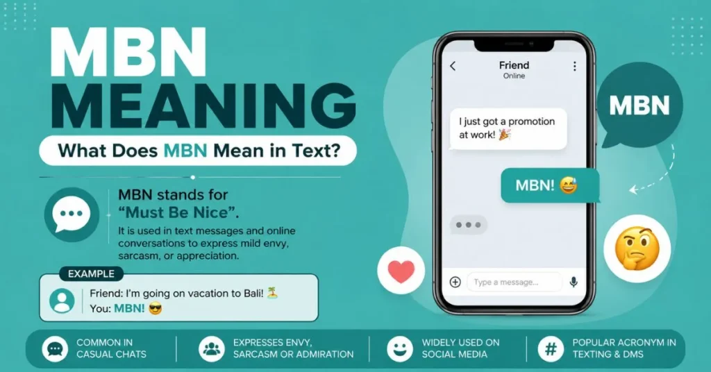 MBN meaning explained in text messages, showing that MBN stands for “Must Be Nice” and is used to express envy, sarcasm, or appreciation in casual online conversations.