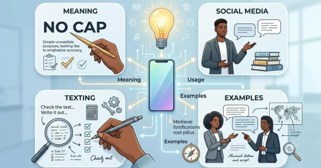 An educational infographic explaining the meaning and common usage of no cap in texting and social media 