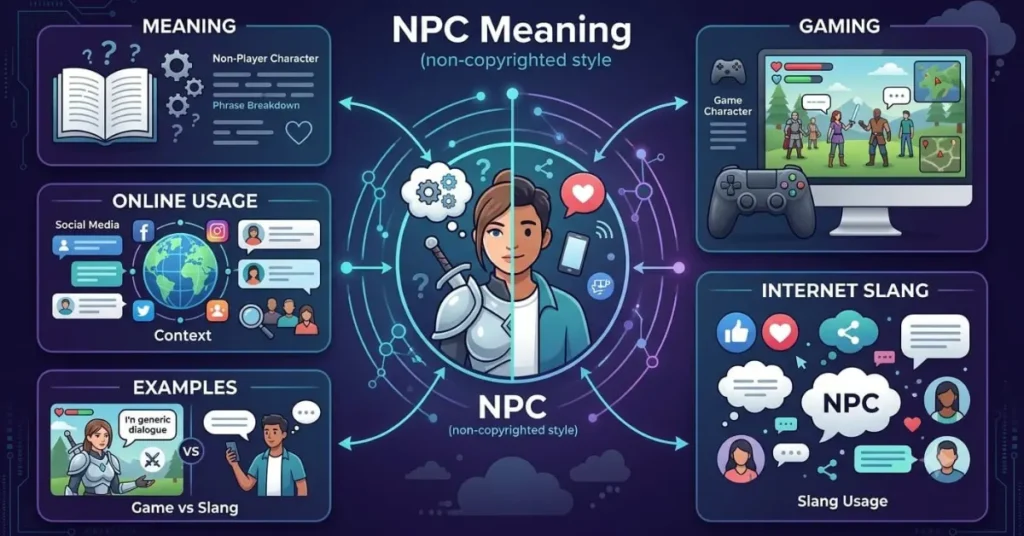 An educational infographic explaining the meaning and different uses of NPC in gaming and online conversations