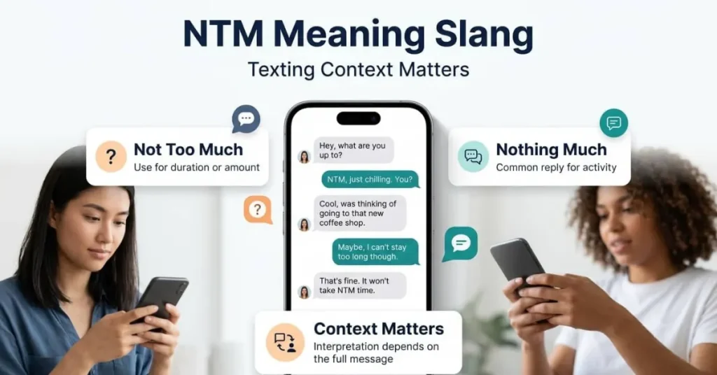 Educational infographic explaining NTM meaning slang with common texting uses and a simple conversation example. 