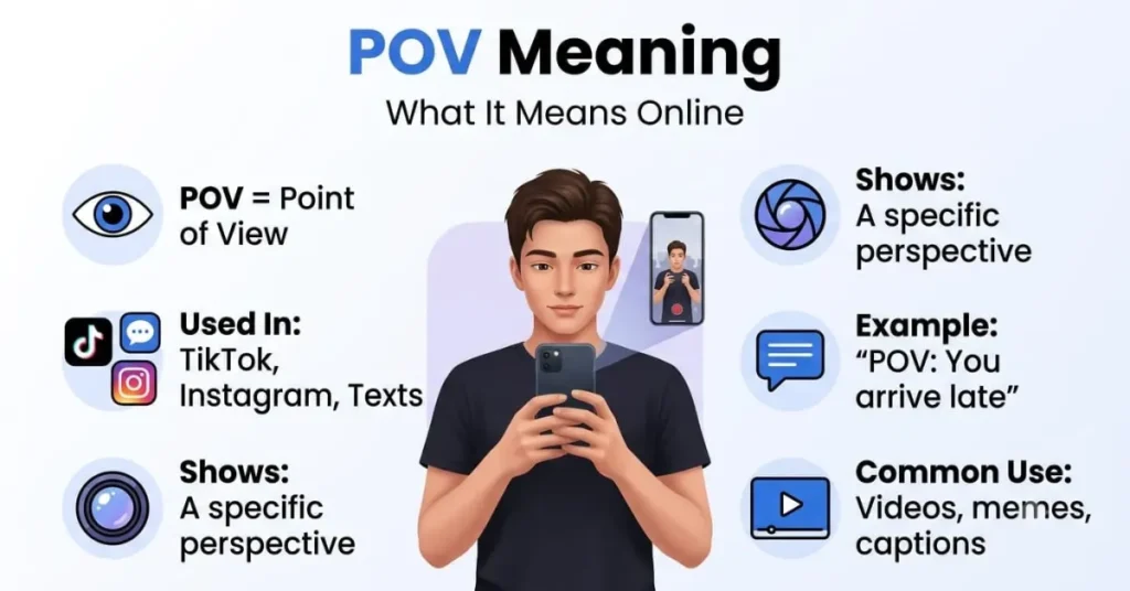 Educational infographic explaining the POV meaning with simple examples of point of view in social media and everyday conversations.

