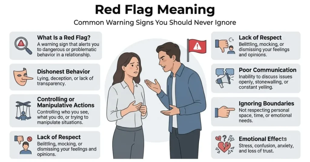 Educational infographic explaining the red flag meaning with common warning signs and behaviors to recognize in relationships and friendships.