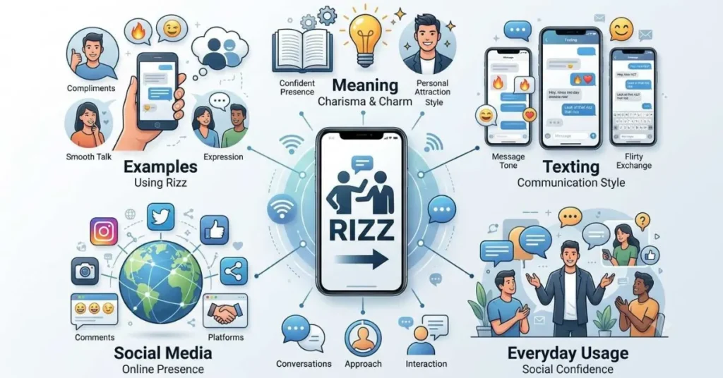 An infographic showing the meaning and usage of rizz in texting, social media, and conversations