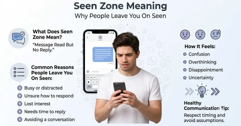  Educational infographic explaining the seen zone meaning with reasons people leave messages on seen and common texting behaviors.