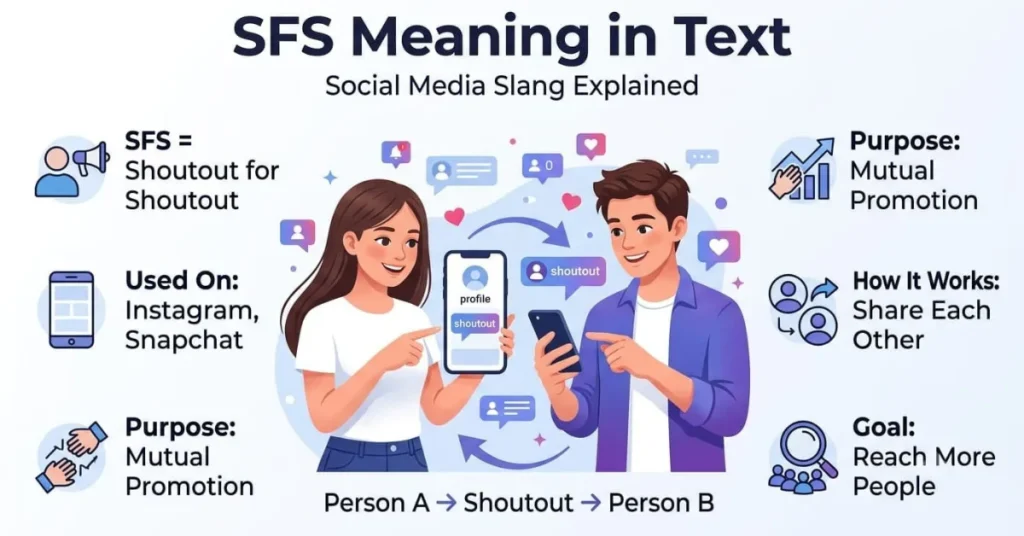 Educational infographic explaining SFS meaning in text with social media examples and shoutout for shoutout usage.