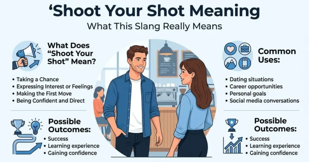 Educational infographic explaining the shoot your shot meaning with examples of taking chances, confidence, and making a move.