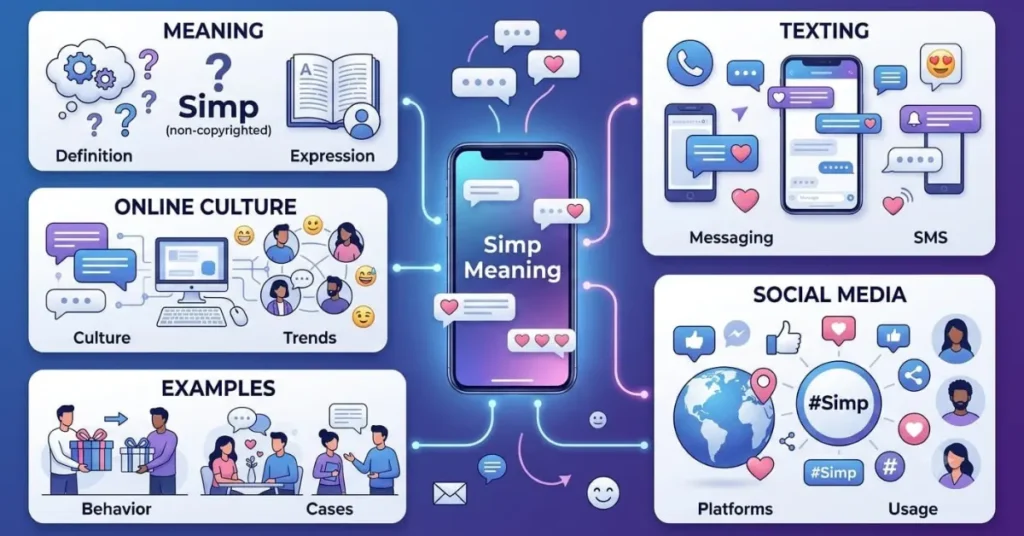 An educational infographic explaining the meaning and usage of simp in texting and online conversations