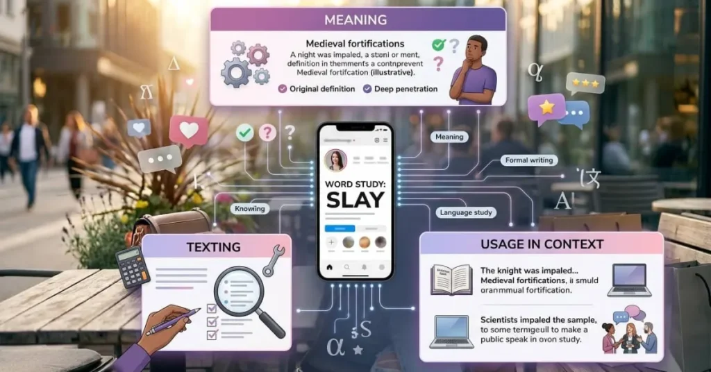 An infographic explaining the meaning and common usage of slay in texting and social media