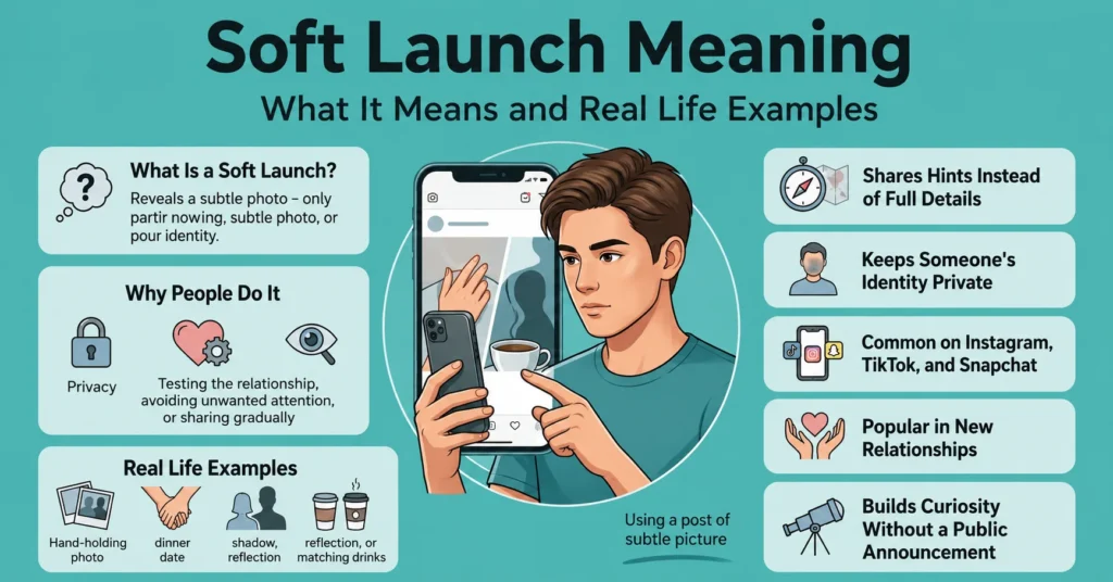 Educational infographic explaining the soft launch meaning with common examples, social media usage, and relationship context. 