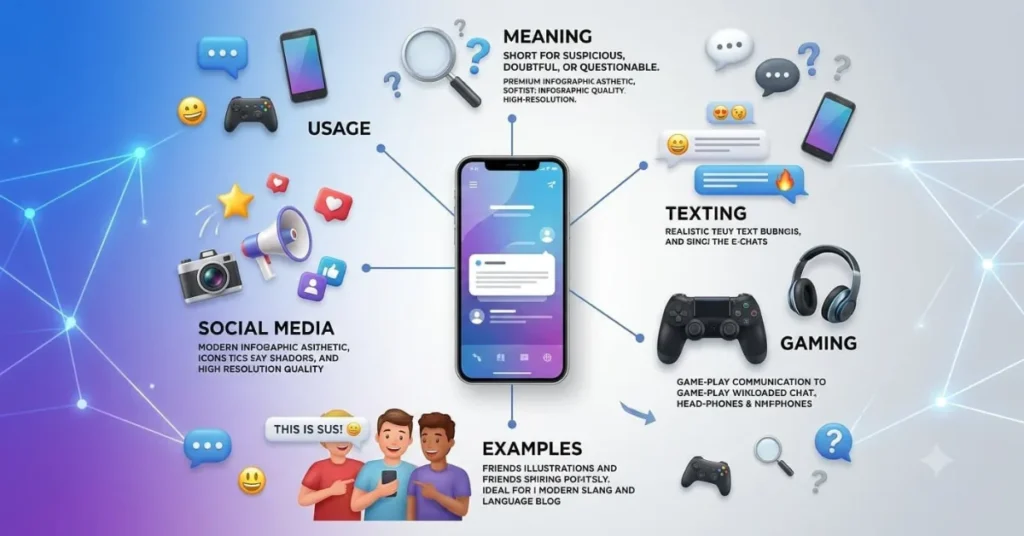 An educational infographic explaining the meaning and common usage of sus in texting, gaming, and social media