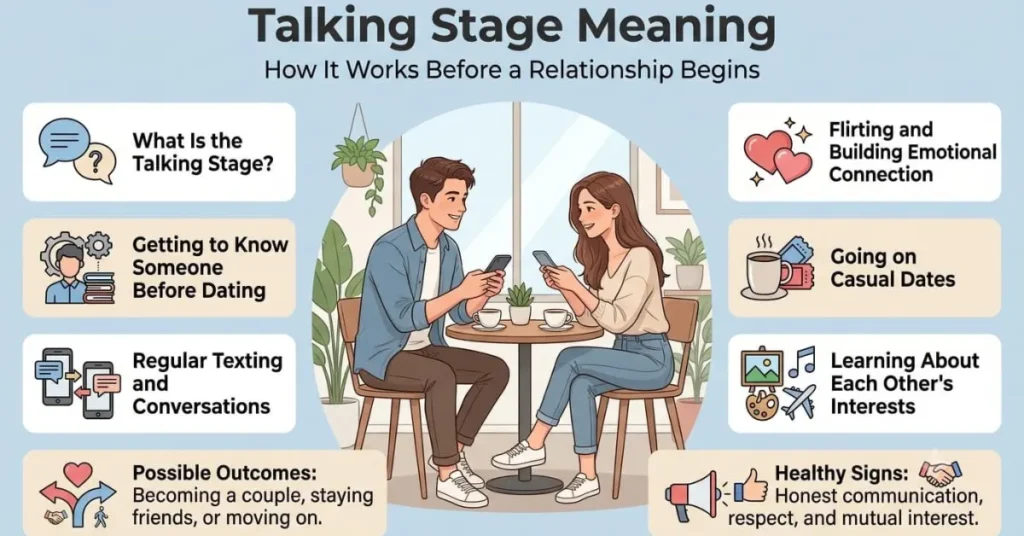 Educational infographic explaining the talking stage meaning with relationship steps, communication patterns, and real life examples.