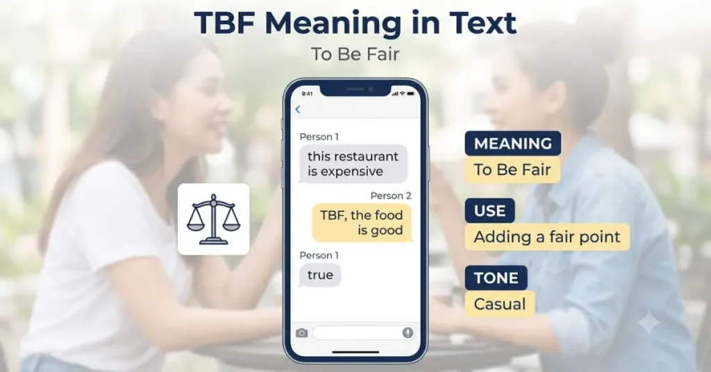 Infographic showing TBF meaning in text with a realistic conversation and an example of using “to be fair.”
