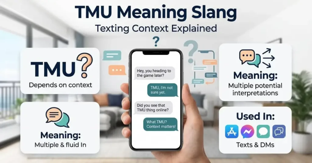  Educational infographic explaining TMU meaning slang with a simple texting conversation and common usage context.
