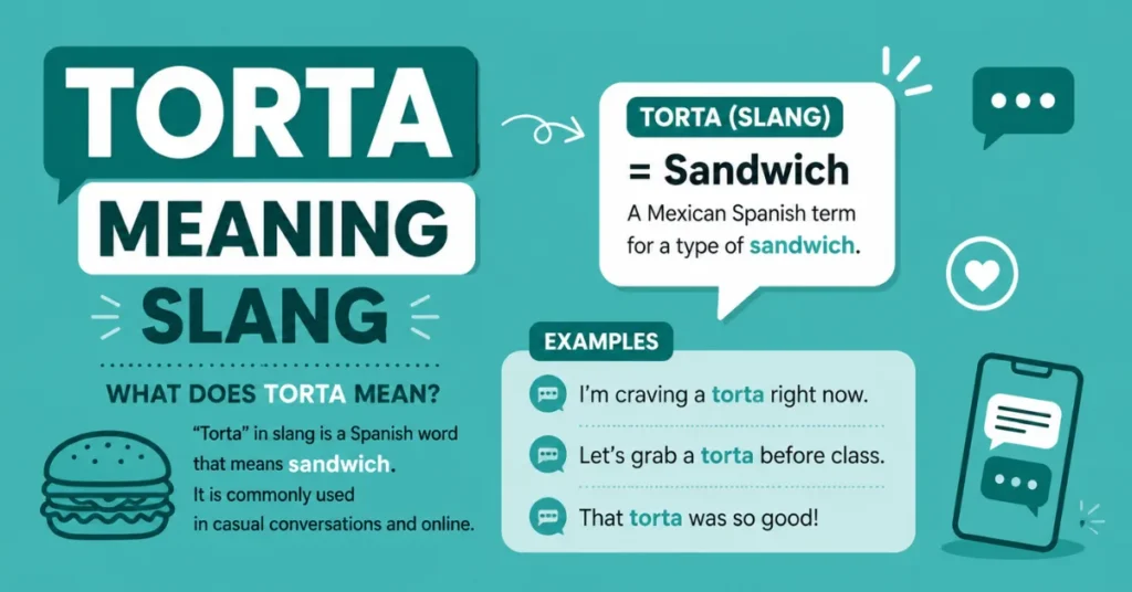 Torta meaning slang explained with its Spanish meaning, sandwich definition, texting examples, and social media chat visuals.