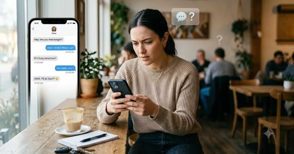  Person reading a text message on a smartphone while trying to understand what TS means in the conversation. 