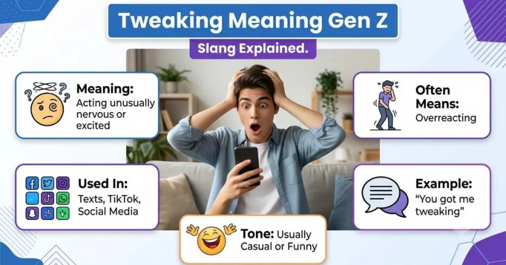 Educational infographic explaining the tweaking meaning Gen Z slang with its common usage and everyday examples.