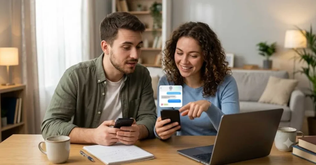 Two friends chatting with smartphones while discussing what HN means in text messaging.
