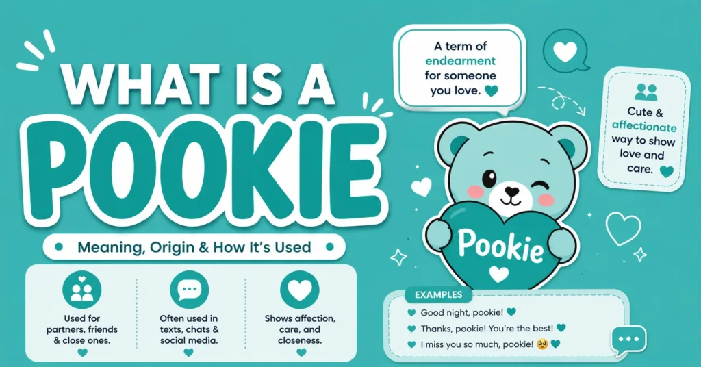 What Is a Pookie infographic explaining the meaning, usage, and affectionate slang definition of “pookie” in texts and social media.