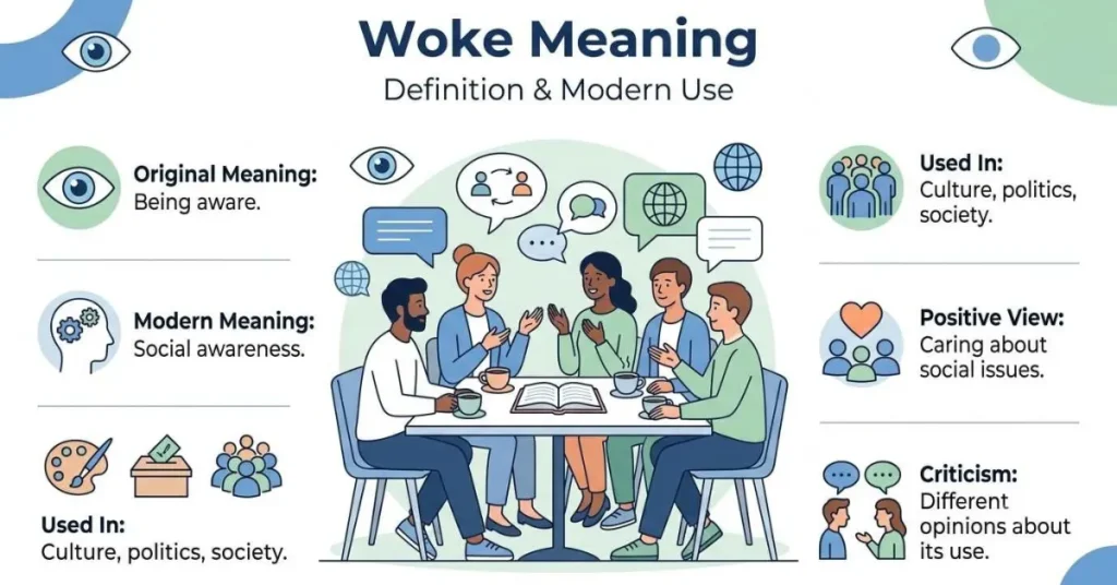 Educational infographic explaining the woke meaning with its definition, modern usage, and social awareness context.
